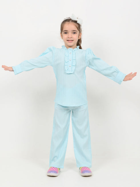 Imported Textured Wash & Wear Classic Ruffle 2 Piece Set (Sky Blue)