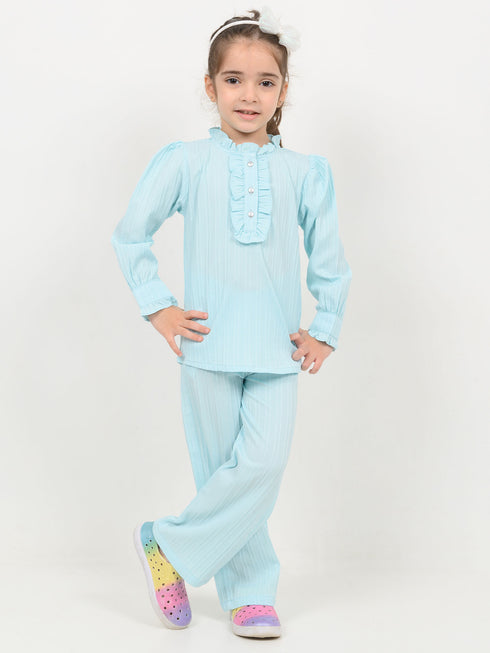 Imported Textured Wash & Wear Classic Ruffle 2 Piece Set (Sky Blue)
