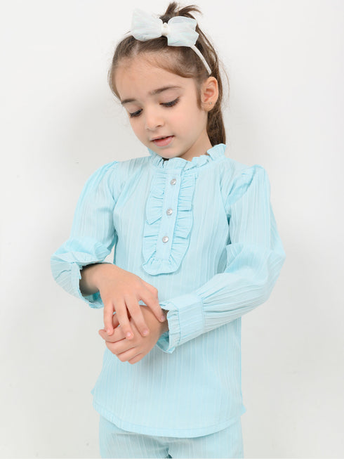 Imported Textured Wash & Wear Classic Ruffle 2 Piece Set (Sky Blue)