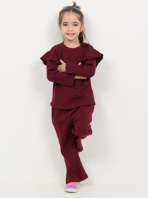Frill Sleeves Imported Ribbed 2 Piece Set (Maroon)