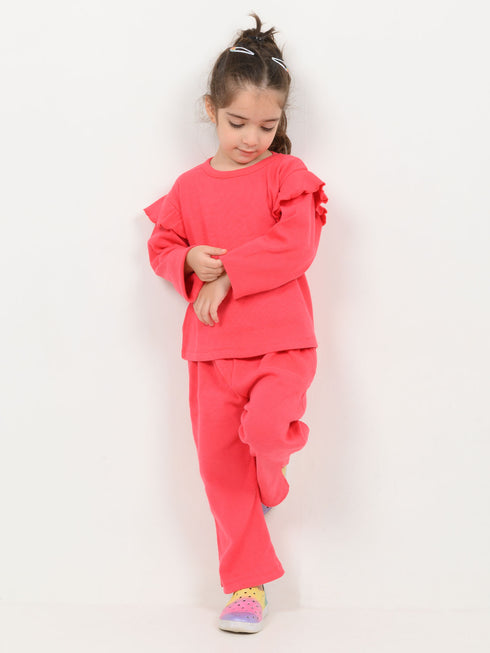 Frill Sleeves Imported Ribbed 2 Piece Set (Hot Pink)
