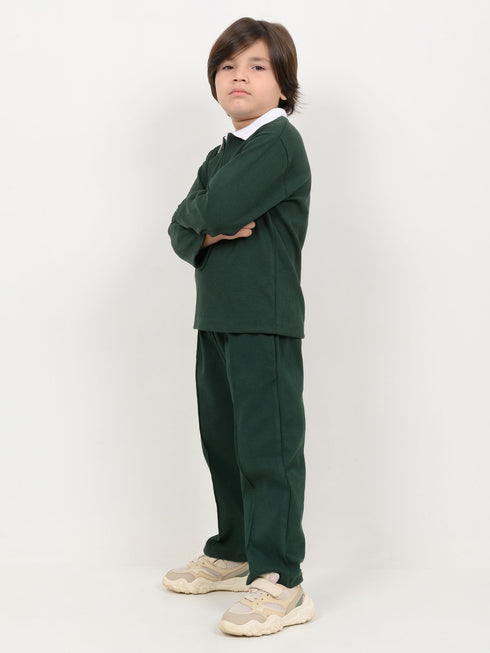 Imported Ribbed Classic Zip Polo 2 Piece Set (Dark Green)