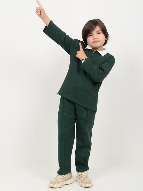 Imported Ribbed Classic Zip Polo 2 Piece Set (Dark Green)
