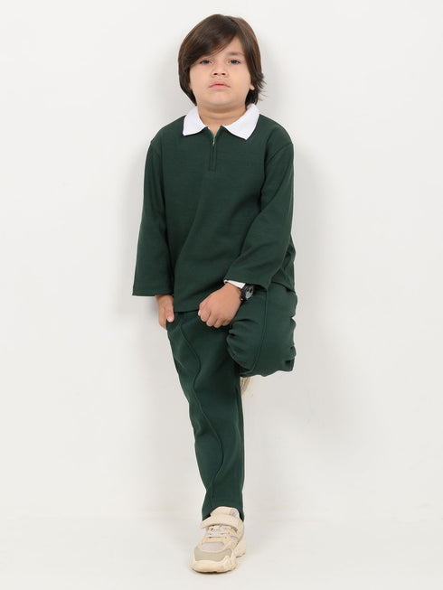 Imported Ribbed Classic Zip Polo 2 Piece Set (Dark Green)