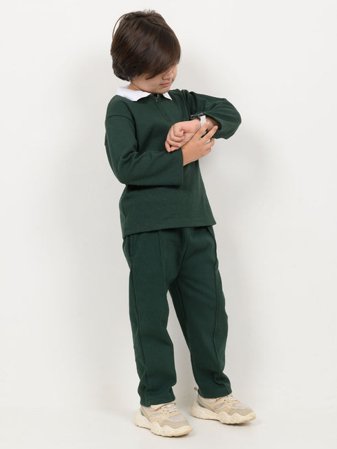 Imported Ribbed Classic Zip Polo 2 Piece Set (Dark Green)