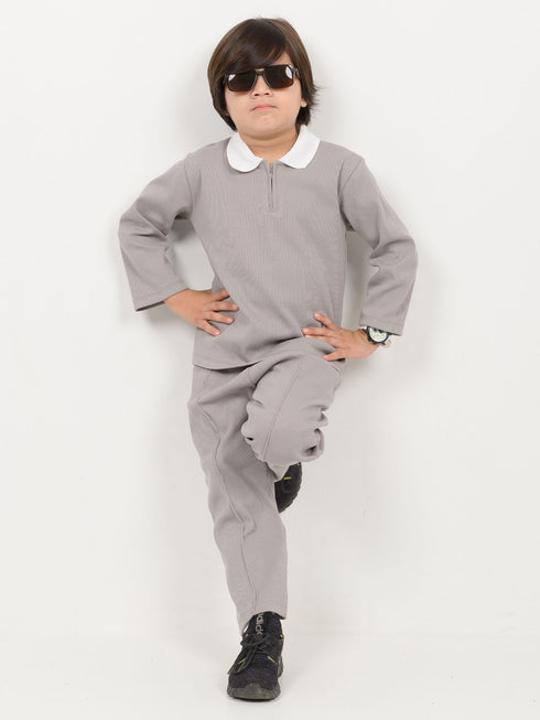 Imported Ribbed Classic Zip Polo 2 Piece Set (Stone Gray)