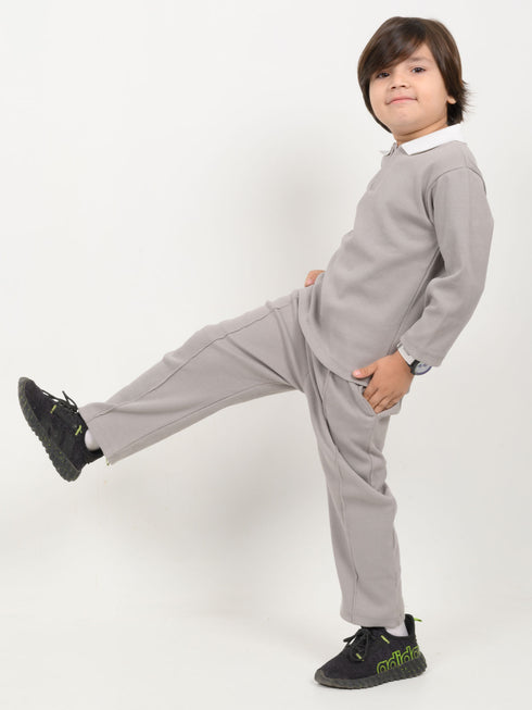 Imported Ribbed Classic Zip Polo 2 Piece Set (Stone Gray)