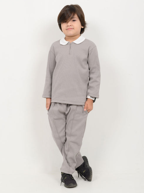 Imported Ribbed Classic Zip Polo 2 Piece Set (Stone Gray)