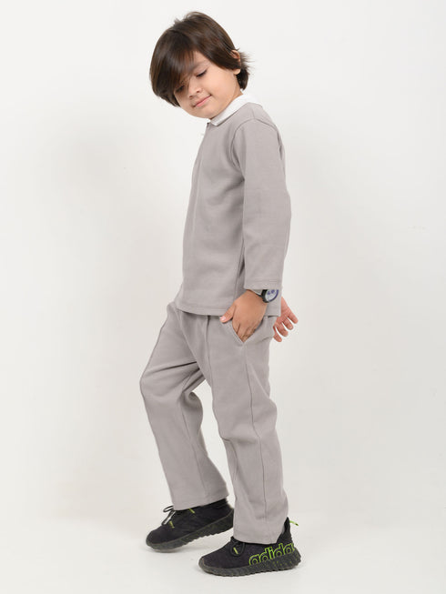 Imported Ribbed Classic Zip Polo 2 Piece Set (Stone Gray)