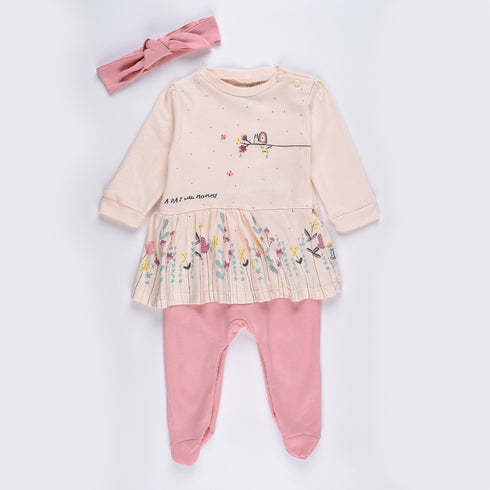 Flowers Printed Sleepsuit (Pink-Cream)