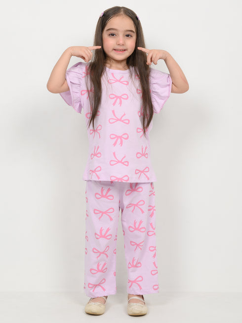 Frill Sleeves Ribbon Themed Cotton Trouser Set (Baby Pink)