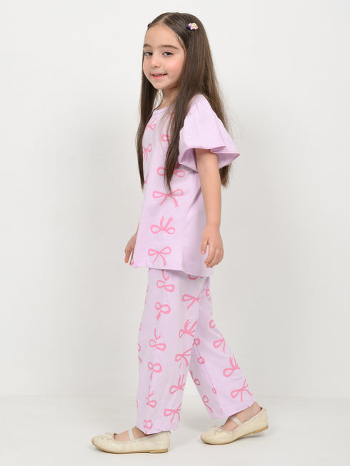 Frill Sleeves Ribbon Themed Cotton Trouser Set (Baby Pink)