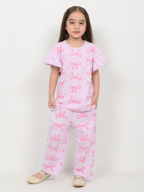 Frill Sleeves Ribbon Themed Cotton Trouser Set (Baby Pink)
