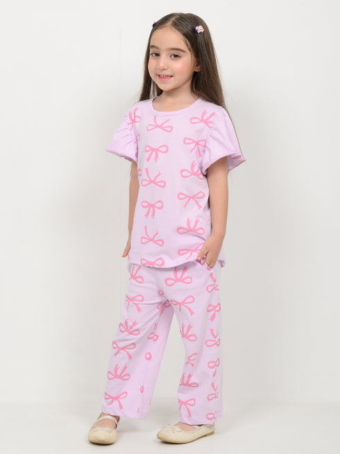 Frill Sleeves Ribbon Themed Cotton Trouser Set (Baby Pink)