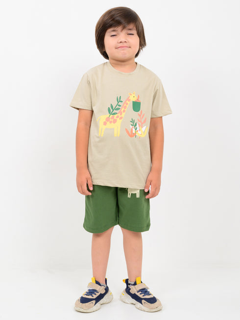 Munchy Giraffe Cotton Short Set (Beige & Green)