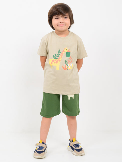 Munchy Giraffe Cotton Short Set (Beige & Green)
