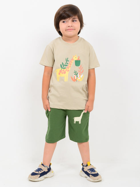 Munchy Giraffe Cotton Short Set (Beige & Green)