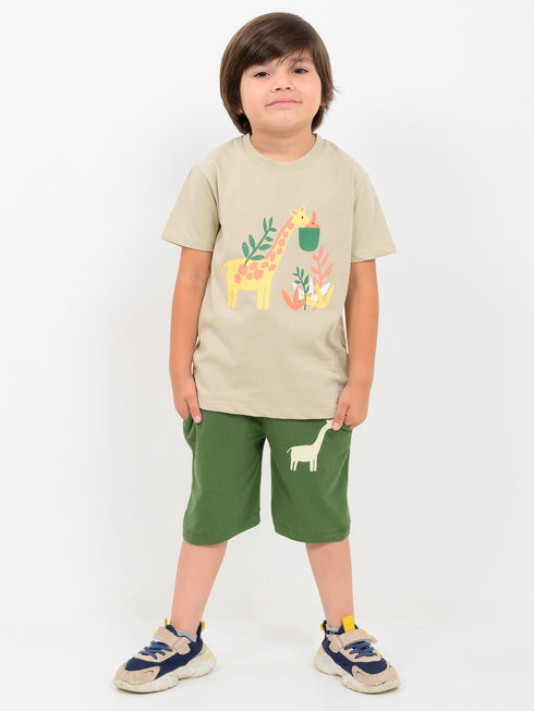 Munchy Giraffe Cotton Short Set (Beige & Green)
