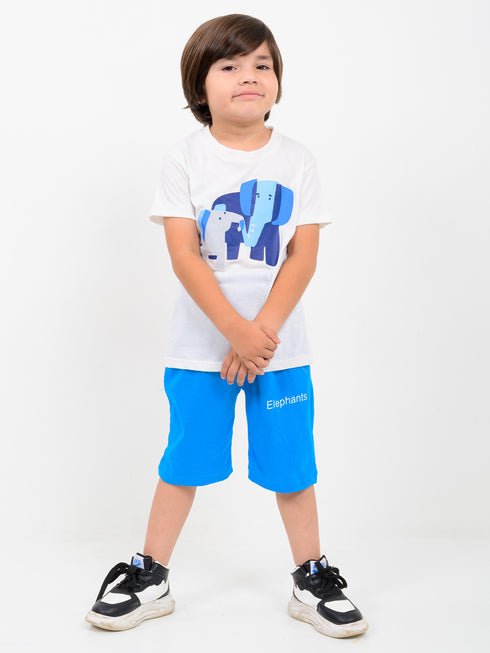 Elephant Snuggle Cotton Short Set (White & Blue)