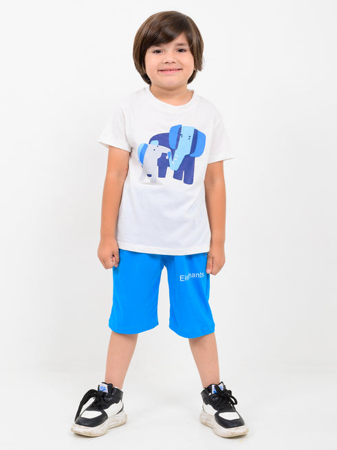 Elephant Snuggle Cotton Short Set (White & Blue)