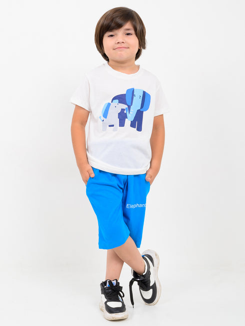 Elephant Snuggle Cotton Short Set (White & Blue)