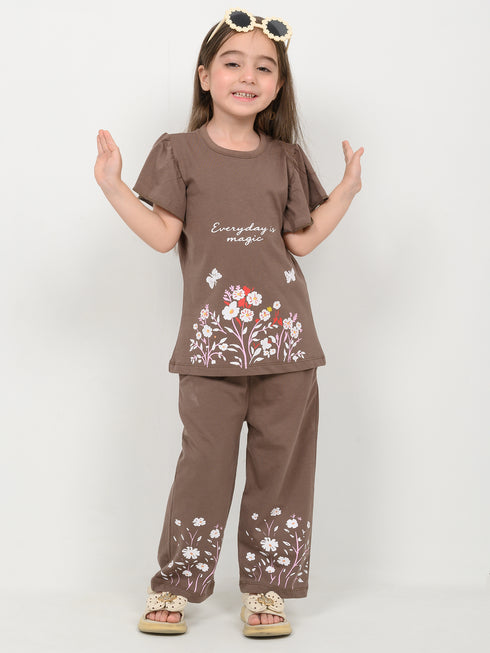 Frill Sleeves Rustic Bloom Cotton Trouser Set (Cocoa Brown)
