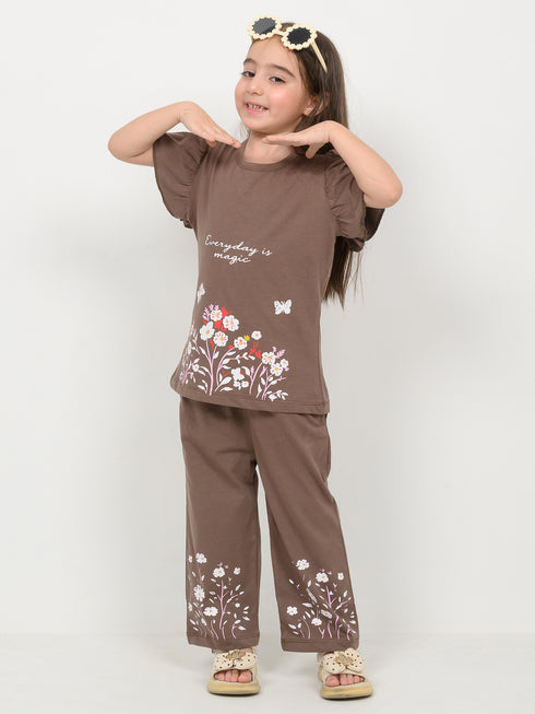 Frill Sleeves Rustic Bloom Cotton Trouser Set (Cocoa Brown)