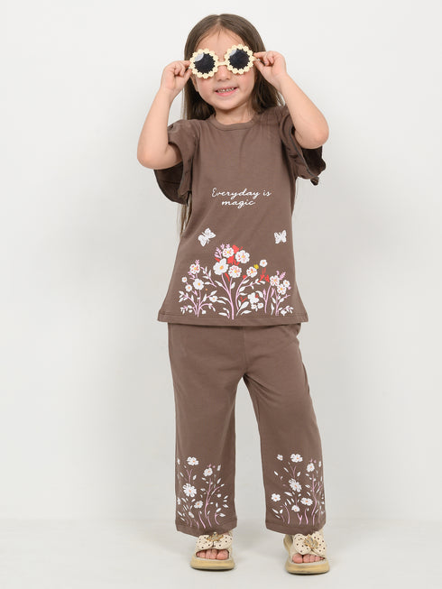 Frill Sleeves Rustic Bloom Cotton Trouser Set (Cocoa Brown)