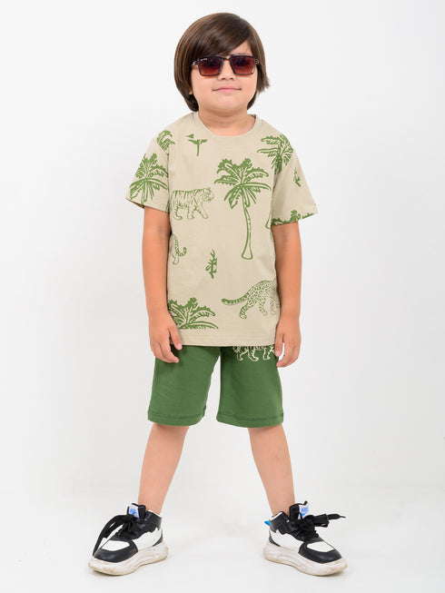 Tiny Safari Vibes Cotton Short Set (Beige & Olive Green)