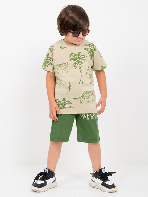 Tiny Safari Vibes Cotton Short Set (Beige & Olive Green)