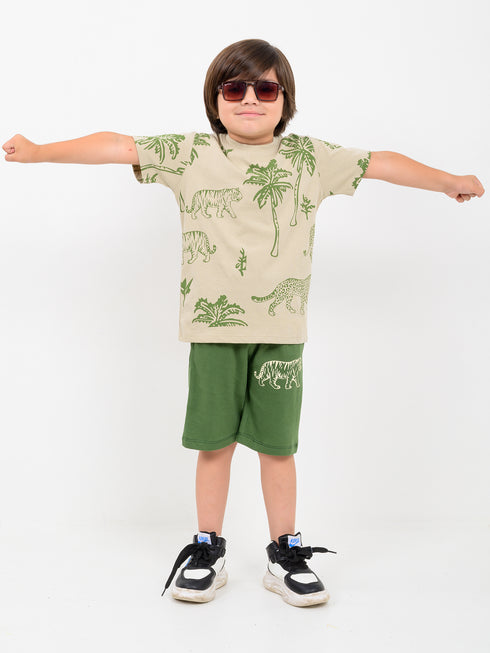 Tiny Safari Vibes Cotton Short Set (Beige & Olive Green)