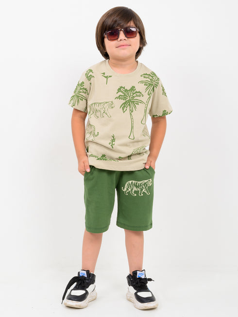 Tiny Safari Vibes Cotton Short Set (Beige & Olive Green)