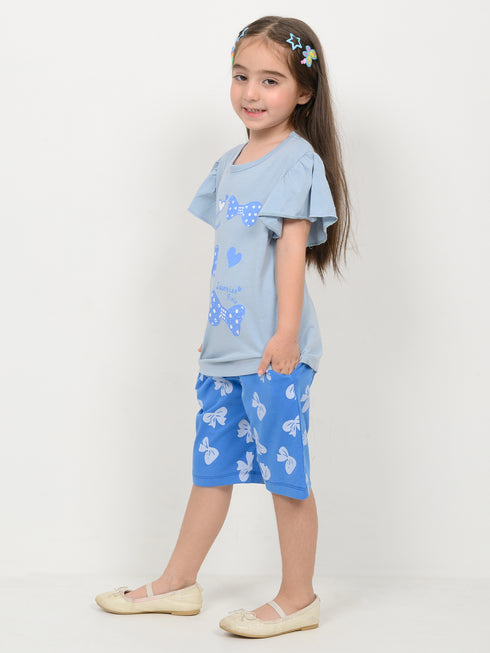 Frill Sleeves Skyline Bows Cotto Short Set (Sky & Royal Blue)