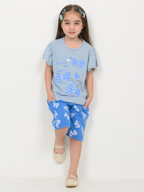 Frill Sleeves Skyline Bows Cotto Short Set (Sky & Royal Blue)