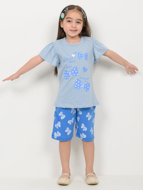 Frill Sleeves Skyline Bows Cotto Short Set (Sky & Royal Blue)