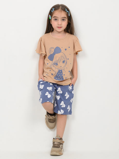Frill Sleeves Polka Dot Princess Cotton Short Set (Beige & Muted Blue)