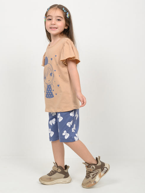 Frill Sleeves Polka Dot Princess Cotton Short Set (Beige & Muted Blue)