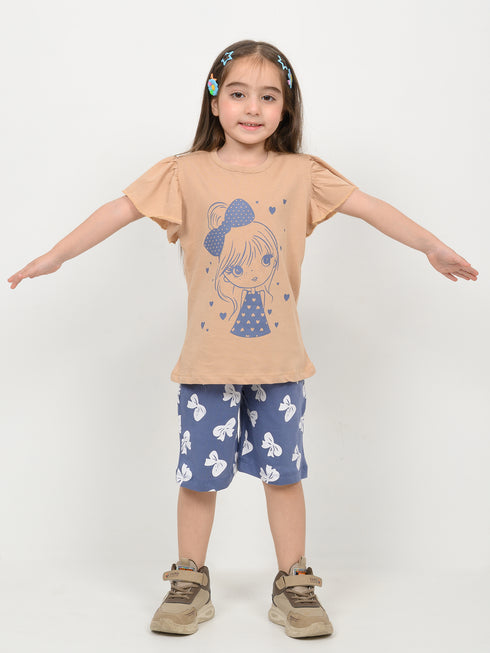 Frill Sleeves Polka Dot Princess Cotton Short Set (Beige & Muted Blue)
