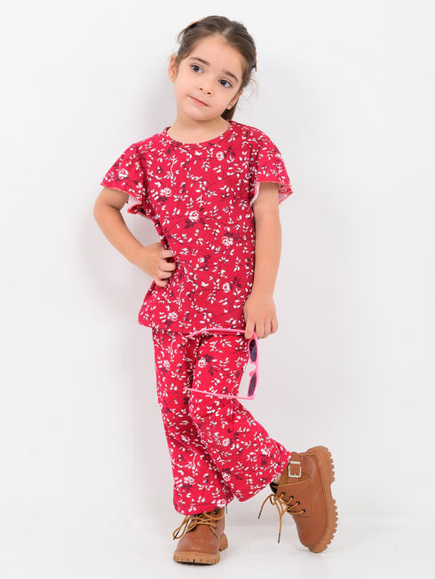 Frill Sleeves Floral Muse Cotton Trouser Set (Red)