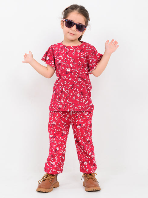 Frill Sleeves Floral Muse Cotton Trouser Set (Red)