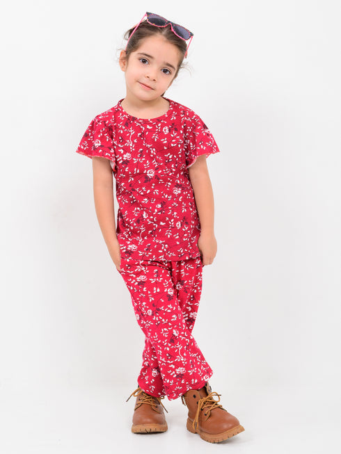 Frill Sleeves Floral Muse Cotton Trouser Set (Red)