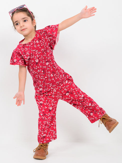 Frill Sleeves Floral Muse Cotton Trouser Set (Red)