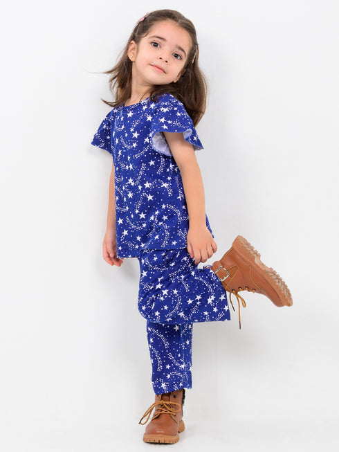 Frill Sleeves Starlight Dreams Cotton Trouser Set (Galaxy Indigo)