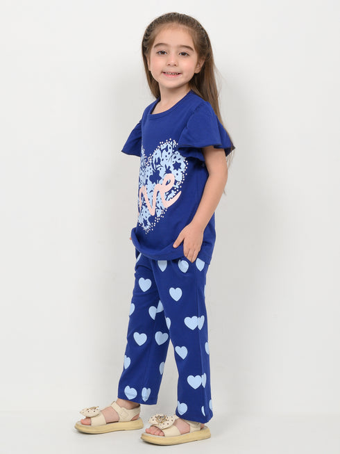 Frill Sleeves The Love Cotton Trouser Set (Navy Blue)