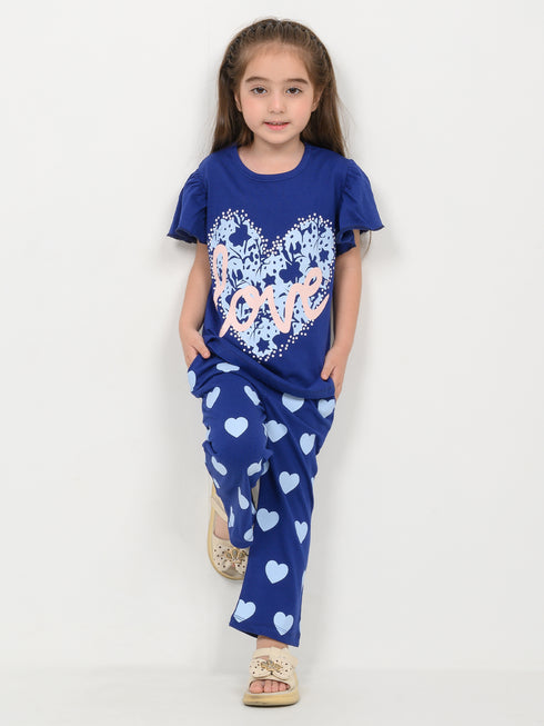 Frill Sleeves The Love Cotton Trouser Set (Navy Blue)