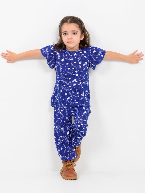 Frill Sleeves Starlight Dreams Cotton Trouser Set (Galaxy Indigo)
