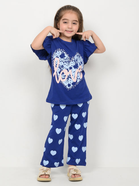 Frill Sleeves The Love Cotton Trouser Set (Navy Blue)