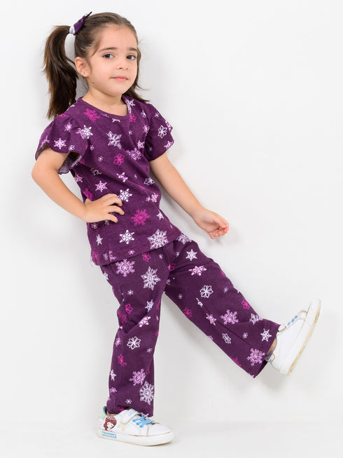 Frill Sleeves Purple Flurry Cotton Trouser Set (Purple)