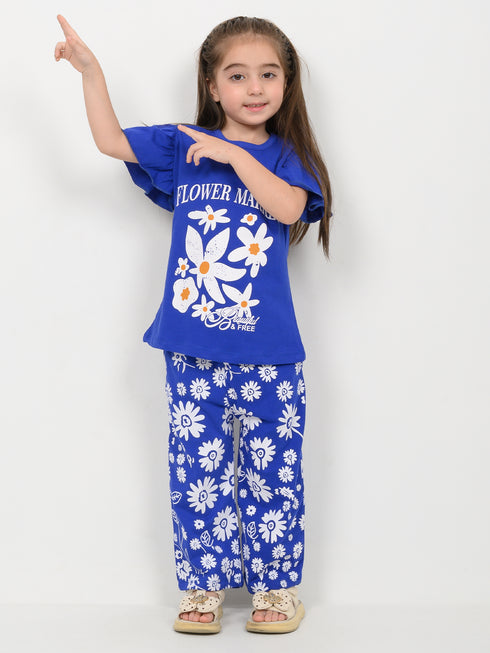 Frill Sleeves The Flower Market Cotton Trouser Set (Royal Blue)