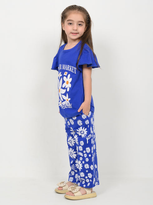 Frill Sleeves The Flower Market Cotton Trouser Set (Royal Blue)